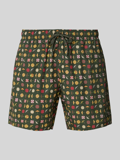 Produktfoto, Regular Fit Swimshorts mit Allover-Motiv-Print von Colmar Originals in Dunkelgrün mit buntem Muster, elastischer Bund, Tunnelzug