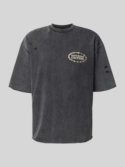 Produktfoto, Regular Fit T-Shirt aus reiner Baumwolle von Don´t Waste Culture in Schwarz mit Destroyed-Look, Nietenbesatz und Rollsaum