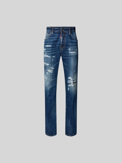 Produktfoto, Slim Fit Jeans aus reiner Baumwolle von Dsquared2 in Blau mit Destroyed-Look, 5-Pocket-Design, Knopf- und Reißverschluss, Herren, Innenbeinlänge 45 cm, Bundweite 80 cm.