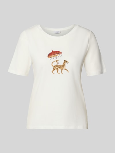 Produktfoto, T-Shirt mit Motiv-Print und Rundhalsausschnitt von MORE & MORE aus cremeweißem Baumwoll-Elasthan-Mix, Regular Fit, Motiv: Leopard mit Sonnenschirm, glatte Textur, Rückenlänge 47 cm in Größe 36.