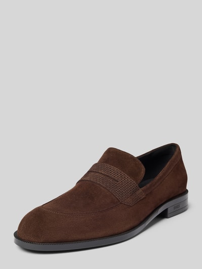Produktfoto, Loafer aus echtem Leder Modell 'TAYIL' von BOSS, Farbe Braun, Optik: Unifarben, Schuhspitze: Abgerundet, Absatzform: Blockabsatz, Verschluss: Schlupf/offen, strukturierte Sohle, Materialverarbeitung: Nubuk, Material: Echtleder