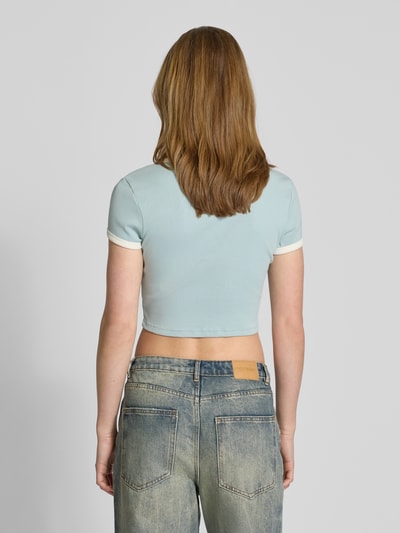 Review Kort T-shirt met labelprint Bleu - 5
