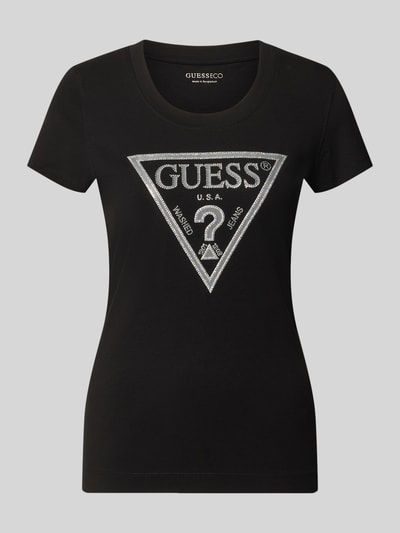 Produktfoto, schwarzes T-Shirt mit Logo und Rundhalsausschnitt von GUESS im Slim Fit, Ziersteinbesatz, Baumwoll-Elasthan-Mix