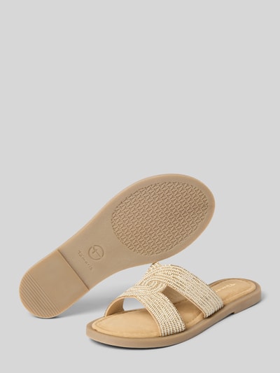Produktfoto, Pantoletten aus echtem Leder von Tamaris, mehrfarbig, runde offene Schuhspitze, Blockabsatz, Strasssteine und Zierperlen.