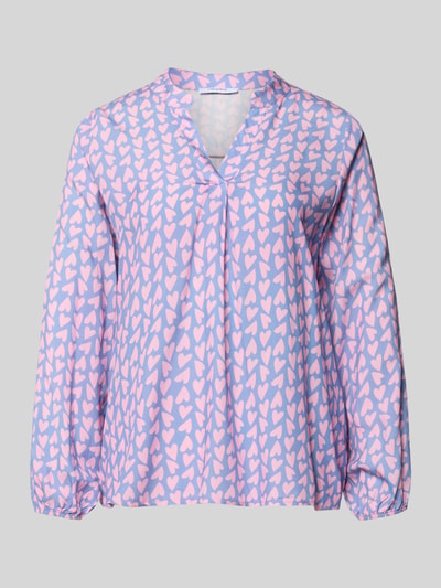 Produktfoto, Bluse aus Viskose mit Serafino-Ausschnitt Modell 'Ja44nina' von ZABAIONE, lockerem Schnitt, rosa Muster auf lila Grund, elastische Ärmelabschlüsse, Rückenlänge bei Größe S: 65 cm, Ärmellänge 56 cm