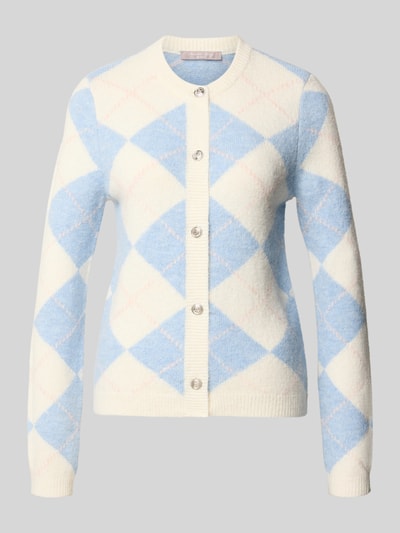 Produktfoto, Regular Fit Strickjacke mit Woll-Anteil von Christian Berg Woman Selection, blau-weiß kariertes Muster, durchgehende Knopfleiste, gerippte Abschlüsse, elastischer Material-Mix