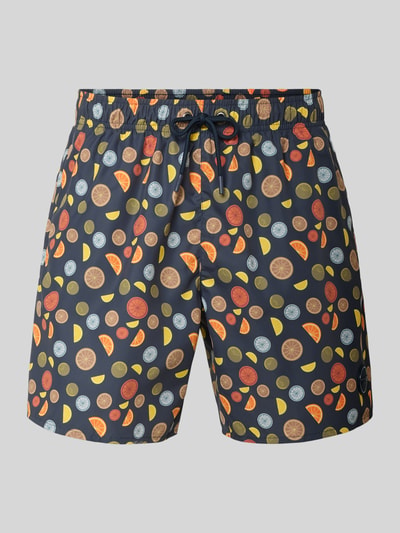 Produktfoto, Regular Fit Swimshorts mit Allover-Motiv-Print von Colmar Originals in Dunkelblau mit buntem Obstprint, elastischer Bund, Tunnelzug.