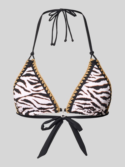 Produktfoto, Bikini-Oberteil im Allover-Look Modell 'BLUCO WILDJUNGLE' von Banana Moon, Zebra-Muster, Schwarz-Weiß mit goldener Kante, Stretch-Material, Neckholder-Schnürung