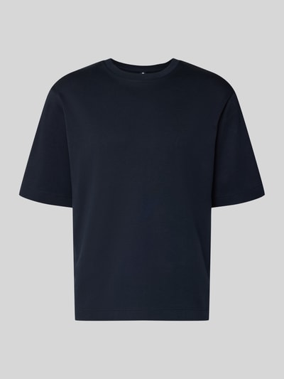 Produktfoto, T-Shirt mit Logo-Print und Rundhalsausschnitt von Profuomo aus reiner Bio-Baumwolle in Dunkelblau, Relaxed Fit, glatte Struktur.