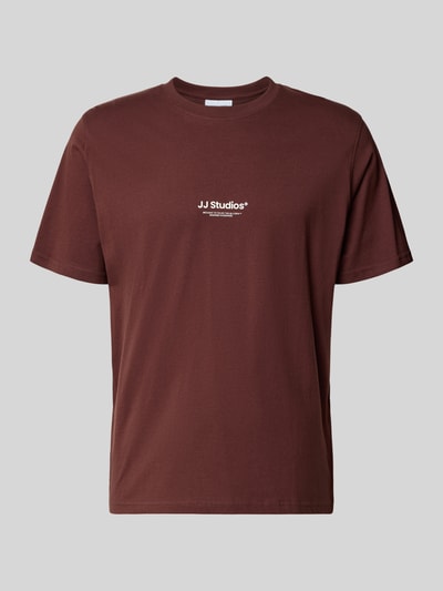 Produktfoto, Regular Fit T-Shirt mit Logo-Print Modell 'Soho' von Jack & Jones aus reiner Baumwolle, braune Farbe, glatte Textur, Herren T-Shirt, Rückenlänge 61 cm bei Größe M.