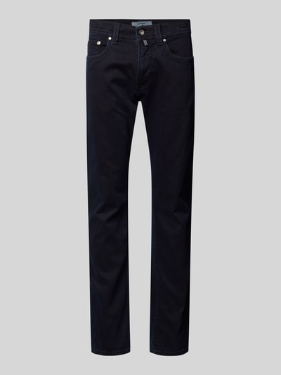 Produktfoto, Tapered Fit Jeans mit Label-Detail Modell 'Lyon' von Pierre Cardin, mieszanka bawełny ze stretchem, ciemnoniebieskie, gładka tekstura, szerokość w pasie 39 cm, długość wewnętrzna nogawki 79 cm.