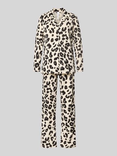 Productfoto, Regular Fit Pyjama-Set aus reiner Baumwolle van LOUIS & LOUISA, dames pyjama van puur katoen, regular fit, reverskraag, doorlopende knoopsluiting, lange mouwen, beige met zwarte panterprint, licht glanzende stof, zachte textuur