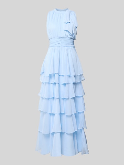 Produktfoto, hellblaues Abendkleid mit Volantsaum und Schluppe aus Chiffon, Taillierter Schnitt, Maxikleid, Modell 'MARLI' von Neo Noir.