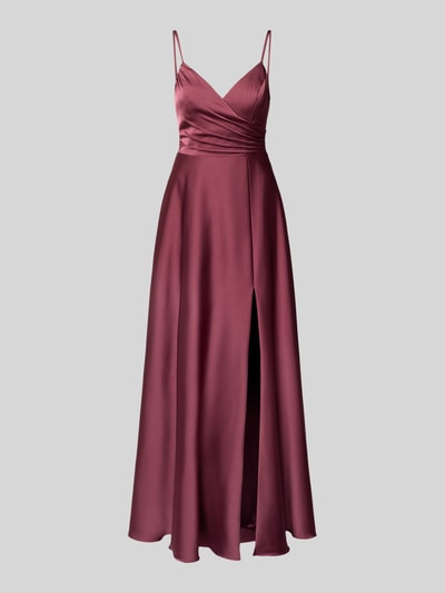 Produktfoto, Abendkleid mit Spaghettiträgern und V-Ausschnitt von Laona, satyn, kolor bordowy, krój slim fit, marszczenia, szerokość w rozmiarze 36: 39 cm