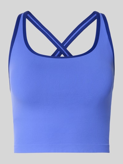 Produktfoto, Cropped Top mit integriertem Bustier von Fabletics, elastyczna mieszanka materiałów, niebieski, wycięcie na plecach, długość tyłu w rozmiarze L: 13 cm