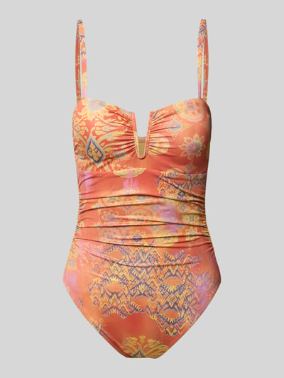 Produktfoto, Badeanzug mit Allover-Muster von Lauren Ralph Lauren in Orange mit geometrischem Muster, V-Ausschnitt, Logo-Applikation, Stretch-Material