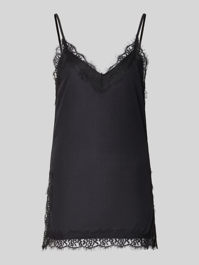 Produktfoto, Blusentop mit Spitzebesatz und Spaghettiträgern von Gina Tricot in Schwarz, Regular-Fit, V-Ausschnitt, zarte Spitzenstruktur