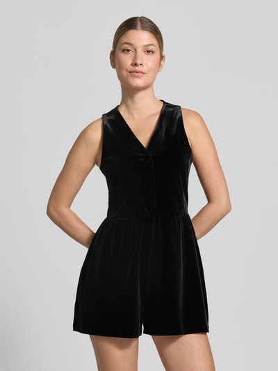 Vrouwenmodel draagt zwarte jumpsuit met V-hals en knoopsluiting van Armani Exchange, Materiaalmix met stretch, regular fit, Fluweel, Ganzebovenlichaamsopname van voren