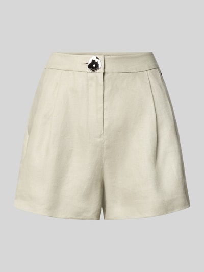 Produktfoto, Shorts mit französischen Eingrifftaschen von ARMANI EXCHANGE in hellem Beige mit ausgestelltem Schnitt, Strukturoptik, Knopf-Reißverschluss, Gesäßtaschen, Bundweite 38 cm, Innenbeinlänge 7 cm bei Größe 36.