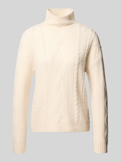 Produktfoto, pullover van kasjmier met kabelpatroon van Christian Berg Woman in crème, recht model, opstaande kraag, ribboorden, ruglengte maat S 57 cm, mouwlengte maat S 64 cm