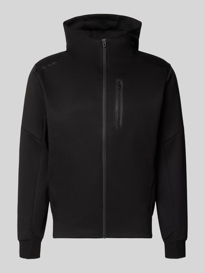 Produktfoto, Sweatjacke mit Reißverschluss Modell 'COFUSION' von JACK & JONES, schwarz, Baumwoll-Materialmix, lockere Passform, Kapuze, durchgehender Reißverschluss, Napoleontasche, elastische Abschlüsse und Eingrifftaschen, glatte Textur
