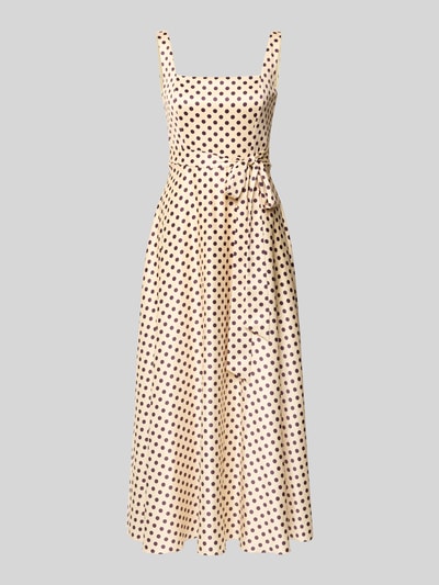 Produktfoto, Cocktailkleid mit Karree-Ausschnitt und Bindegürtel von Jake*s Cocktail, A-Linie, cremefarben mit schwarzen Punkten, Midikleid, breite Träger, blickdichtes Unterkleid, Bindegürtel, glatte Textur.