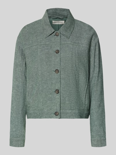 Produktfoto, zielona Jacke aus Leinen-Mix mit Kentkragen Modell 'Viana Ginia' od MSCH Copenhagen, prosta forma, faktura lnu, długość pleców w rozmiarze S 53 cm, szerokość ramion w rozmiarze S 49 cm, szerokość klatki piersiowej w rozmiarze S 53 cm, długość rękawa w rozmiarze S 53 cm