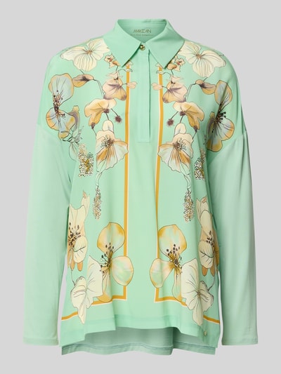 Produktfoto, Relaxed Fit Bluse mit floralem Print von Marc Cain aus elastischem Material-Mix in Mintgrün mit gelben und beigen Blüten, Umlegekragen, langärmelig, Logo-Detail, glatte Textur, Rückenlänge 60 cm, Ärmellänge 47 cm