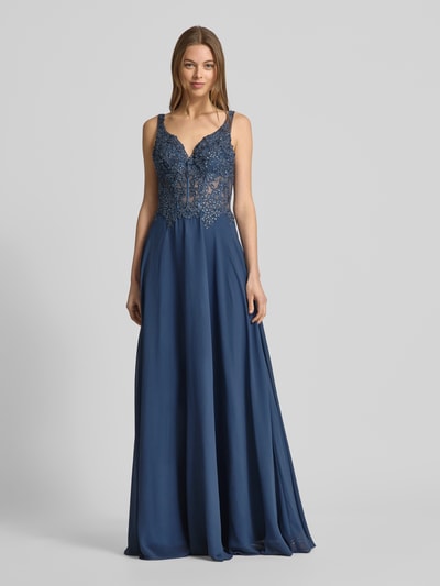 Luxuar Abendkleid mit Spitzenbesatz Rauchblau 4