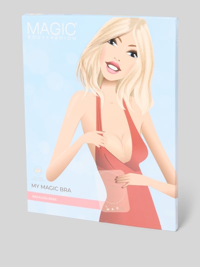 Produktfoto, Verpackung vom BH im selbstklebenden Design Modell 'My Magic Bra' von MAGIC Bodyfashion für Damen, Trägerlos, Rückenfrei, Frontverschluss, Farben Rosa und Blau, glatte Oberflächen und klare Formen