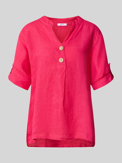 Produktfoto, Relaxed Fit Leinenbluse mit V-Ausschnitt Modell 'Is44sii' von ZABAIONE in kräftigem Pink, Knopfleiste, reine Leinen-Textur
