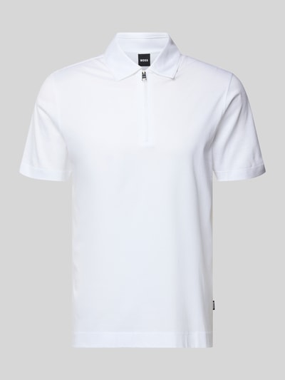 Produktfoto, weißes Regular Fit Poloshirt aus Lyocell-Baumwoll-Mix Modell 'H-PARAS 50' von BOSS, unifarben, kurzer Reißverschluss, Polokragen.