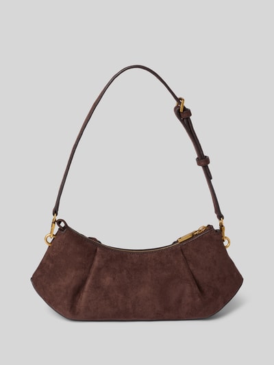 Produktfoto, Handtasche mit Schulterriemen Modell 'ALLEGRA' von GUESS in Braun, weiche Struktur, Reißverschluss, Label-Detail, glatte Oberfläche
