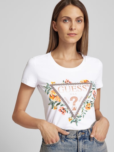 Guess T-shirt met motief- en labelprint, model 'TRIANGLE FLOWERS' Wit - 3