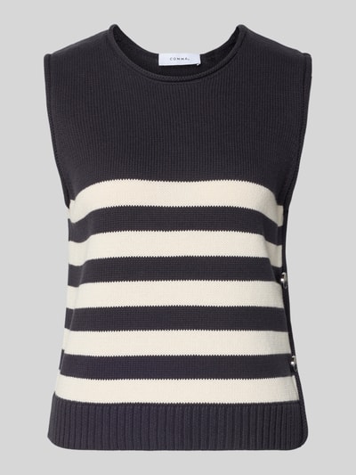Produktfoto, Stricktop mit Rollsaum von Comma, dunkelblau-weiß gestreift, Reine Baumwolle, Regular-Fit, Rundhalsausschnitt, 51 cm Rückenlänge bei Größe 36