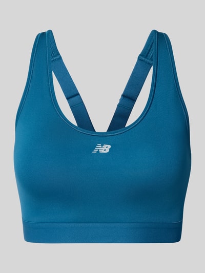 Produktfoto, Bustier mit Logo von New Balance in Blau, glattes Stretch-Material, körpernahe passform, Racerback, dames bustier.