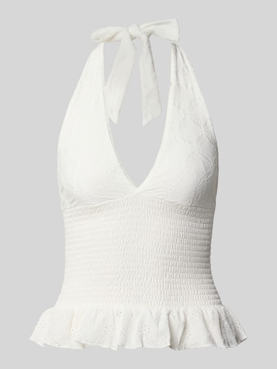 Produktfoto, Neckholder-Blusentop mit V-Ausschnitt van Gina Tricot, wit materiaalmix met stretch, getailleerd model, smokdetail, ruglengte maat S 53 cm