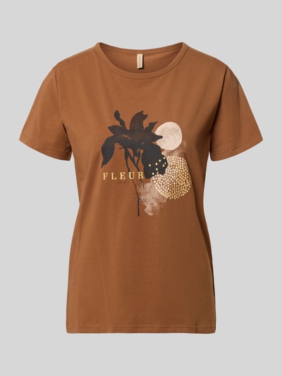 Produktfoto, Damen T-Shirt mit Motiv-Print Modell 'RINA' von Soyaconcept, braun, Baumwoll-Elasthan-Mix, Regular-Fit, Rundhalsausschnitt, Rückenlänge 63 cm für Größe S, dezentes florales Motiv, glatte Textur, schlichte Optik