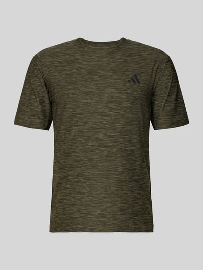 Produktfoto, T-Shirt mit Label-Print von adidas Training in Olivgrün mit melierter Struktur, gerippter Rundhalsausschnitt, Regular Fit, Material-Mix mit Stretch-Anteil