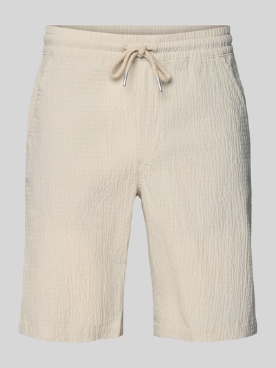 Produktfoto, Shorts mit elastischem Bund und Strukturmuster von Lindbergh in Beige aus Baumwoll-Mix mit Stretch-Anteil, Loose-Fit, Kordelzug, Seitliche Eingrifftaschen, Bundweite 42 cm, Innenbeinlänge 25 cm