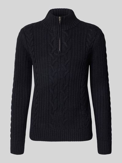 Produktfoto, Slim Fit Strickpullover mit Woll-Anteil Modell 'JACOB' von Superdry, dunkel, Zopfmuster, Troyer-Kragen, gerippte Abschlüsse