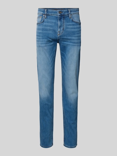 Produktfoto, Jeansy z 5 kieszeniami, model 'Mitch' od JOOP! Jeans, mieszanka bawełny ze streczem, kolor niebieski, krój slim fit, detal z logo, szerokość w pasie 42 cm, długość nogawki 78 cm.