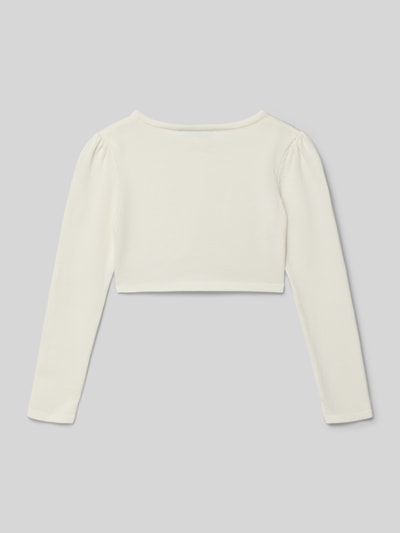 Produktfoto, Cropped Strickjacke mit Perlen van Happy Girls, puur katoen, korte ruglengte maat 134, ronde hals, lange mouwen, knoopsluiting