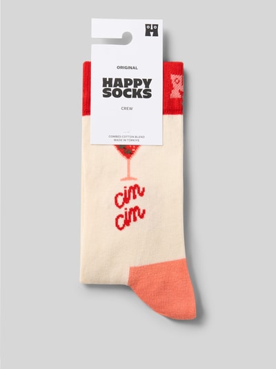 Produktfoto, Socken mit Label-Print von Happy Socks w kolorze kremowym i czerwonym, mieszanka bawełny, dopasowany krój, prążkowane wykończenie, nadruk z logo