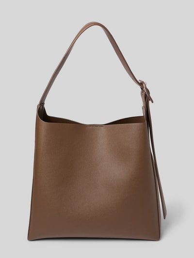 Produktfoto, braune Handtasche mit Tragehenkel Modell 'WINNIE' von Mango, Magnetverschluss, glatte Oberfläche, rechteckige Form, sichtbares Hauptfach und Henkel, mit Innenfach und Schulterriemen, Maße 30x34x14 cm, Länge Schulterriemen 80 cm.