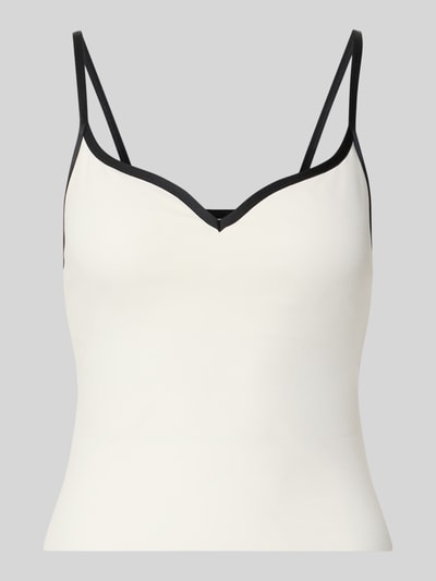 Produktfoto, Trägertop mit Spaghettiträgern Modell 'Sense' von aim'n in Weiß mit schwarzen Kanten, V-Ausschnitt, Slim Fit, glatte Textur, Material-Mix mit Stretch-Anteil, Rückenlänge 22 cm bei Größe S.