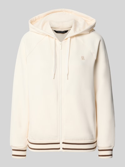 Produktfoto, Regular Fit Sweatjacke aus Viskose-Mix mit Logo-Stitching von ARMANI EXCHANGE in Creme mit braunen elastischen Abschlüssen, Kapuze, Reißverschluss.