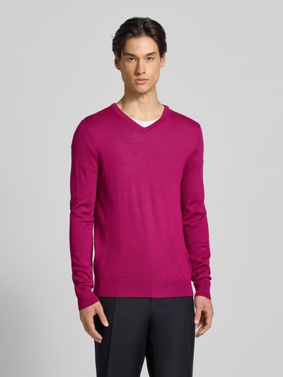 Christian Berg Men Gebreide pullover van een mix van merinowol met V-hals Felroze gemêleerd - 4