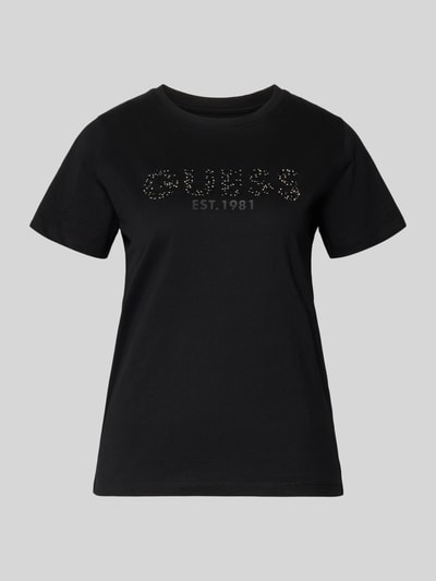 Produktfoto, T-Shirt mit Label-Print und Strasssteinbesatz von Guess in Schwarz, Straight Fit, Reine Baumwolle, Rundhalsausschnitt