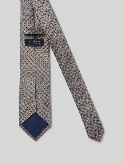 Produktfoto, Krawatte aus reiner Seide mit Label-Detail von Willen, klassisches Muster in Beige und Blau, glatte Textur, Breite 8 cm